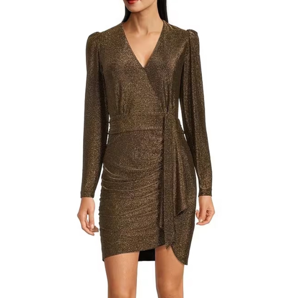 LAST CHANCE Alex Marie Chrissy Bronze Metallic V-Neck Faux Wrap Dress